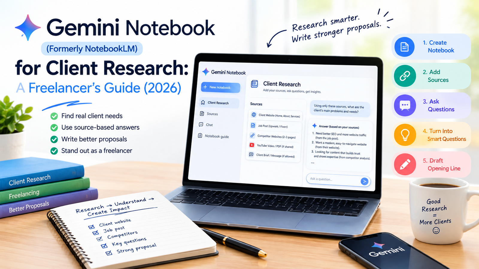 Freelancer using Gemini Notebook to research a client before writing a proposal