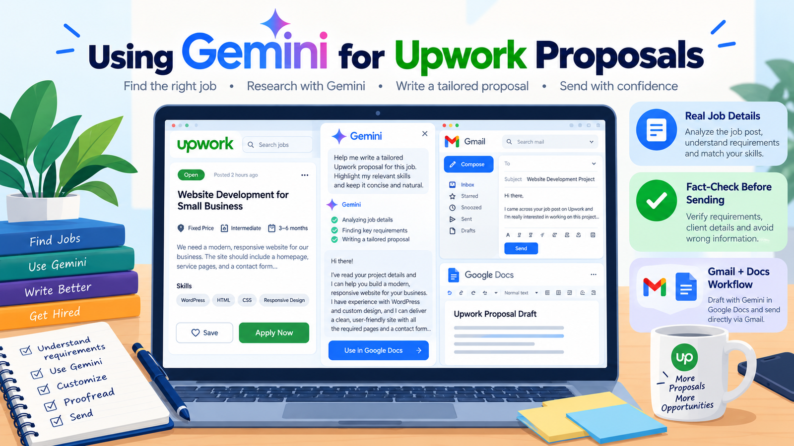 Using Google Gemini for Upwork proposals - prompts and Gmail/Docs workflow guide for freelancers