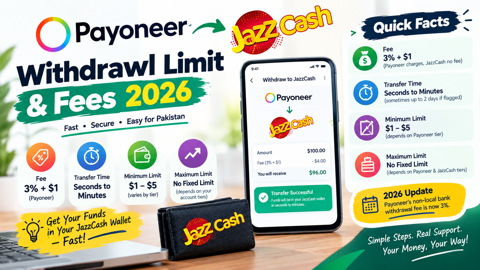 Payoneer se JazzCash withdrawal limit 2026